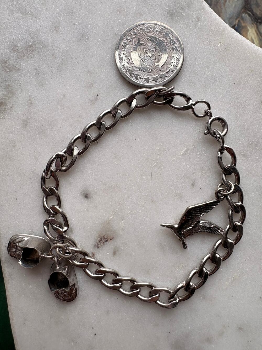 Vintage Sterling Silver Charm Bracelet Pisces Baby Shoes Bird 1968